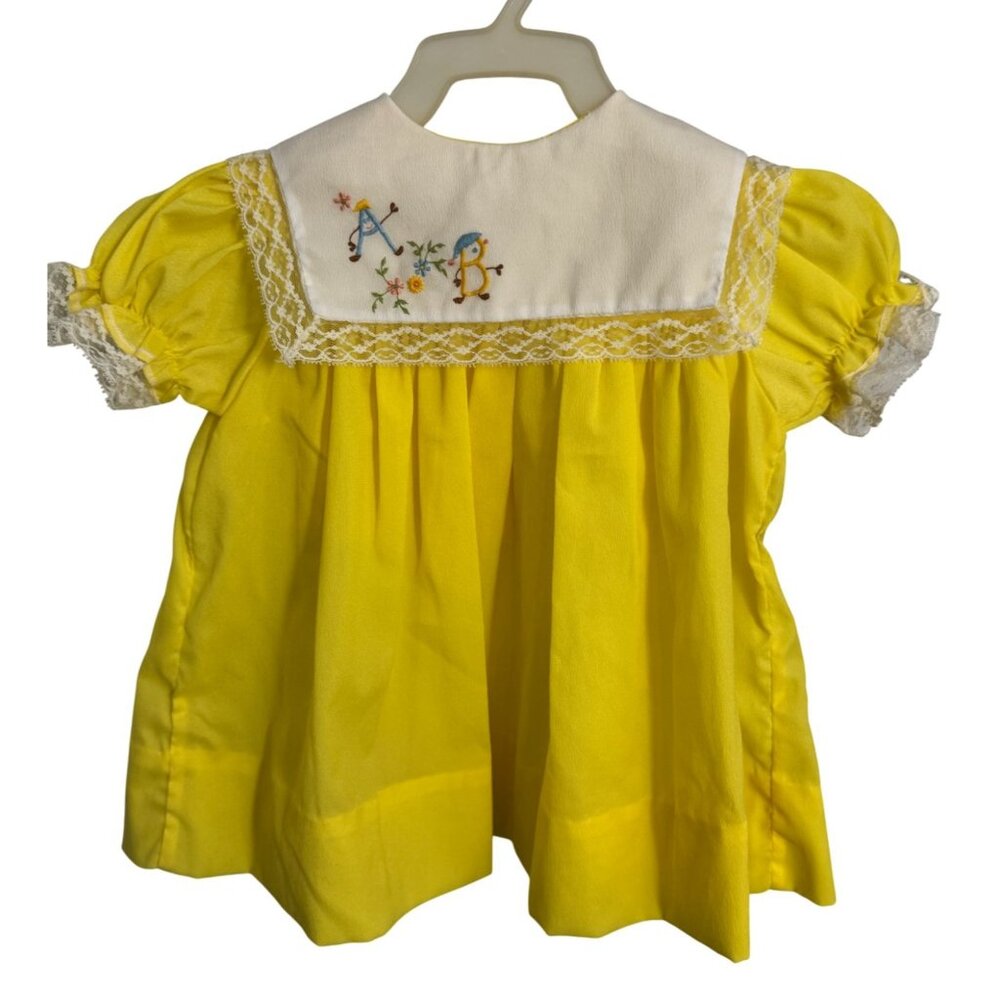 Vintage Yellow Baby Dress With Lace Collar & Embroidered A-B Letters